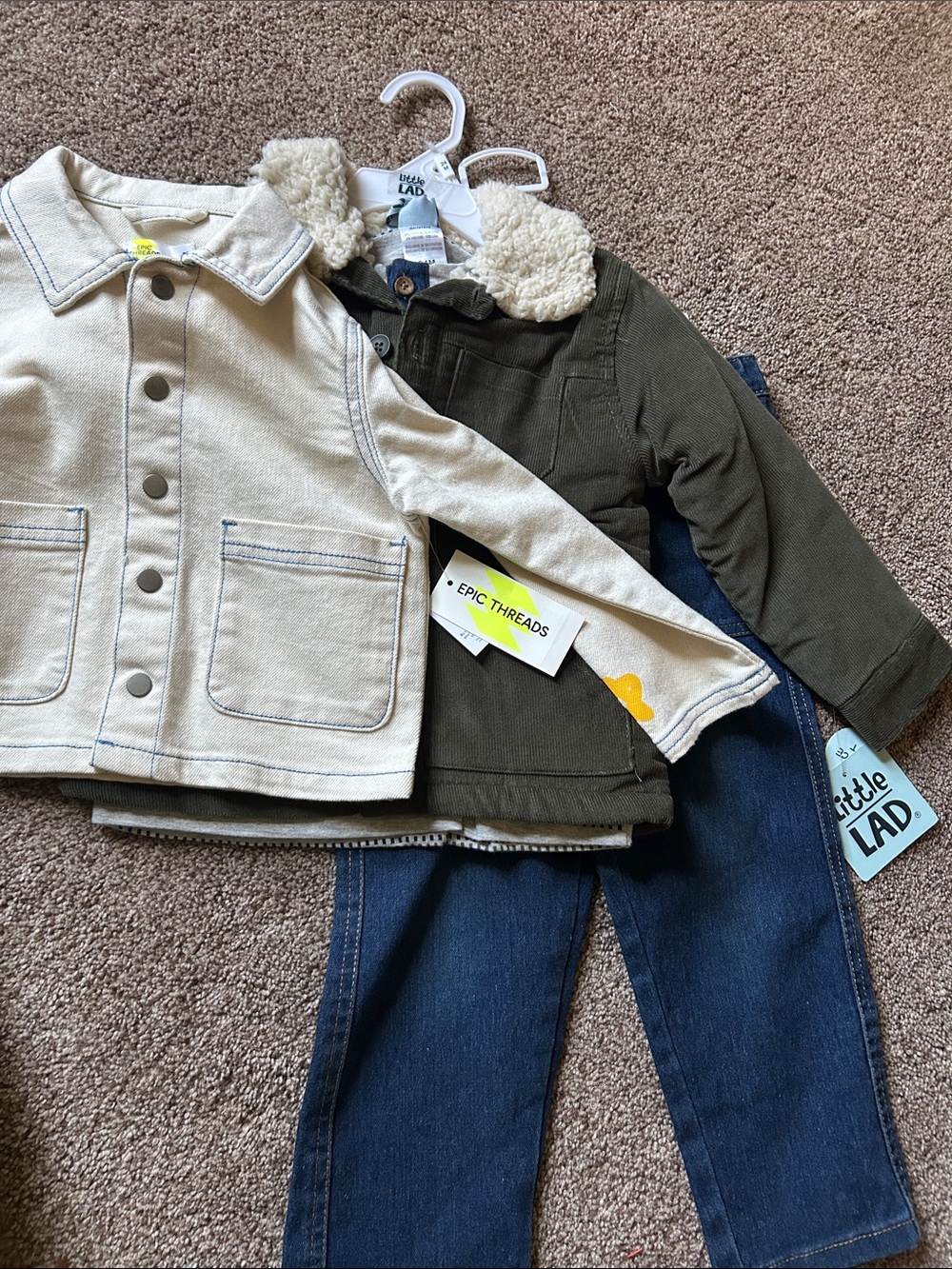 2t/24 months toddler bundle Cream jean Jacket with Olive Sherpa-Lined Coat Set